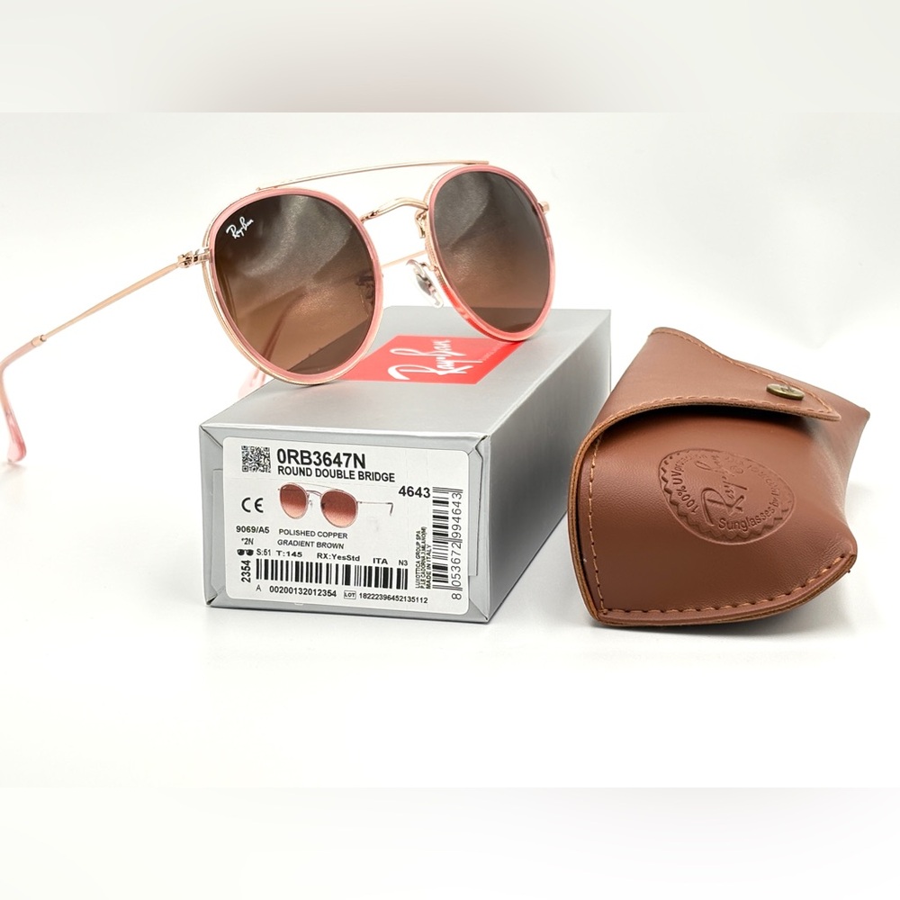 Ray-Ban RB3647n Sunglasses Round Double Bridge Polished Copper Brown Lens Round - Picture 3 of 11